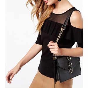 INC Ruffled Sleeves Cold-Shoulder Illusion Knit Top Black Rayon Blend Size M NWT